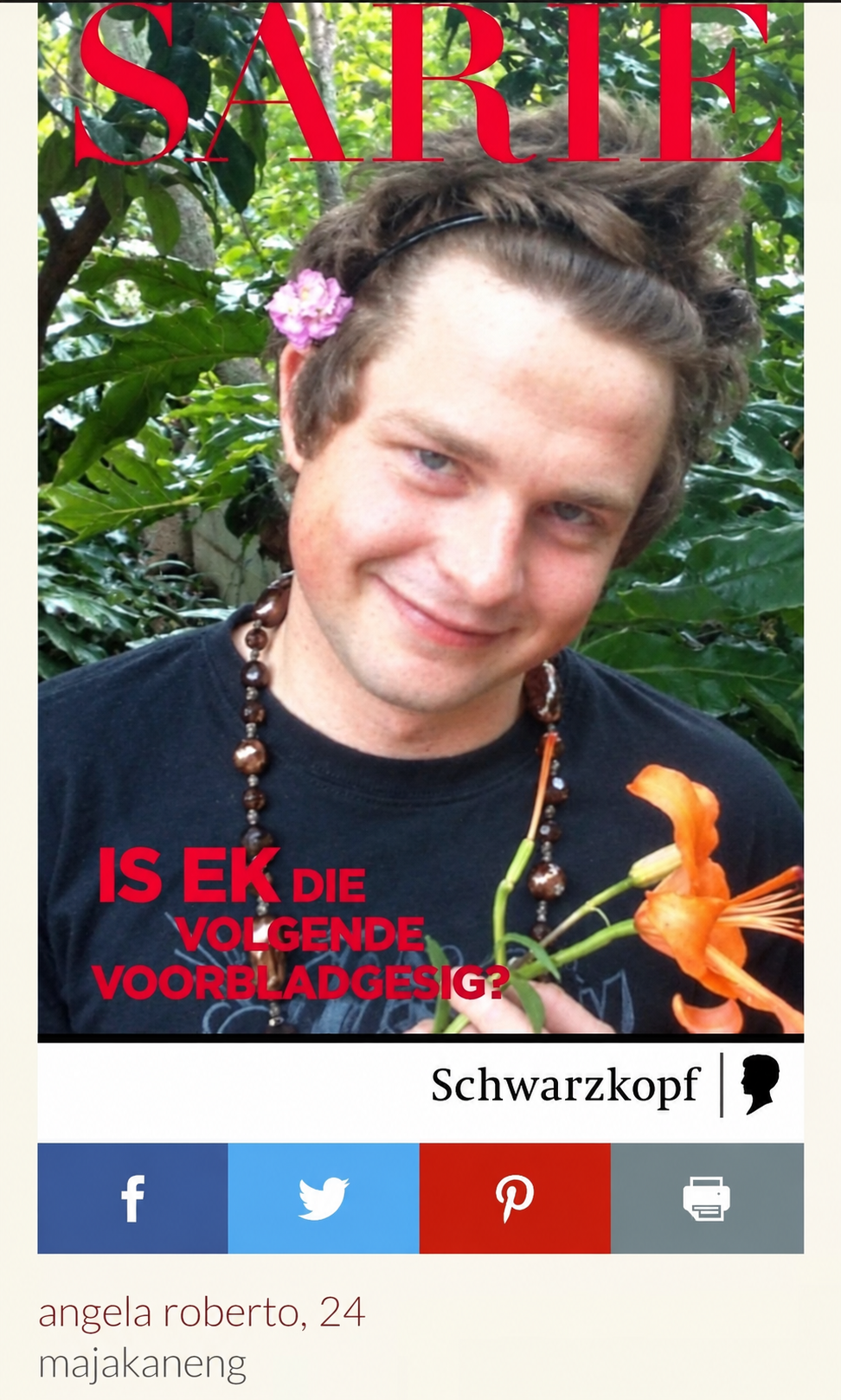 A playful SARIE cover-style image of Angelo with a flower in his hair and an orange flower in his hand