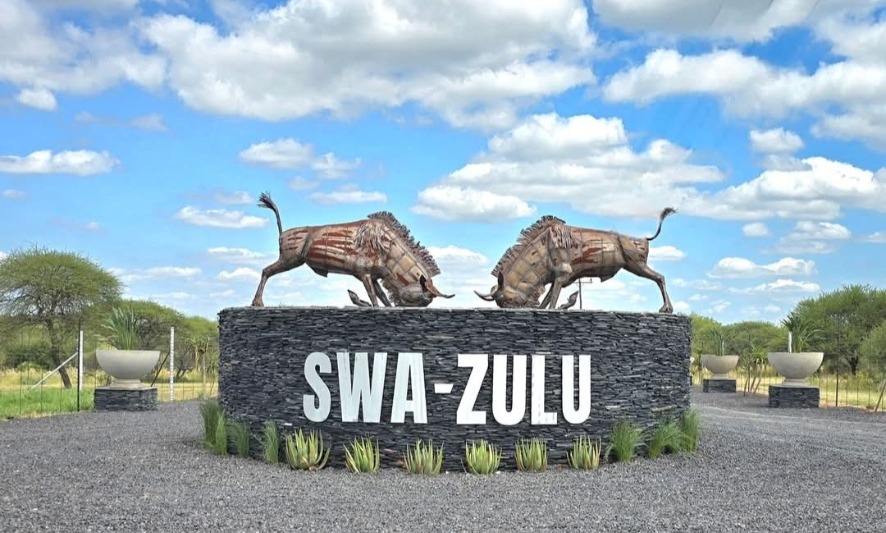 The Swa-Zulu game lodge entrance with two bronze buffalo sculptures under a blue sky