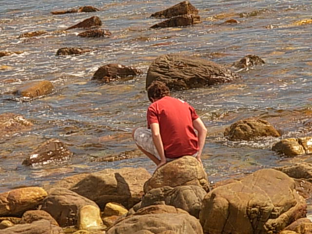 Angelo crouching on a rock between the rock pools at a rocky shoreline