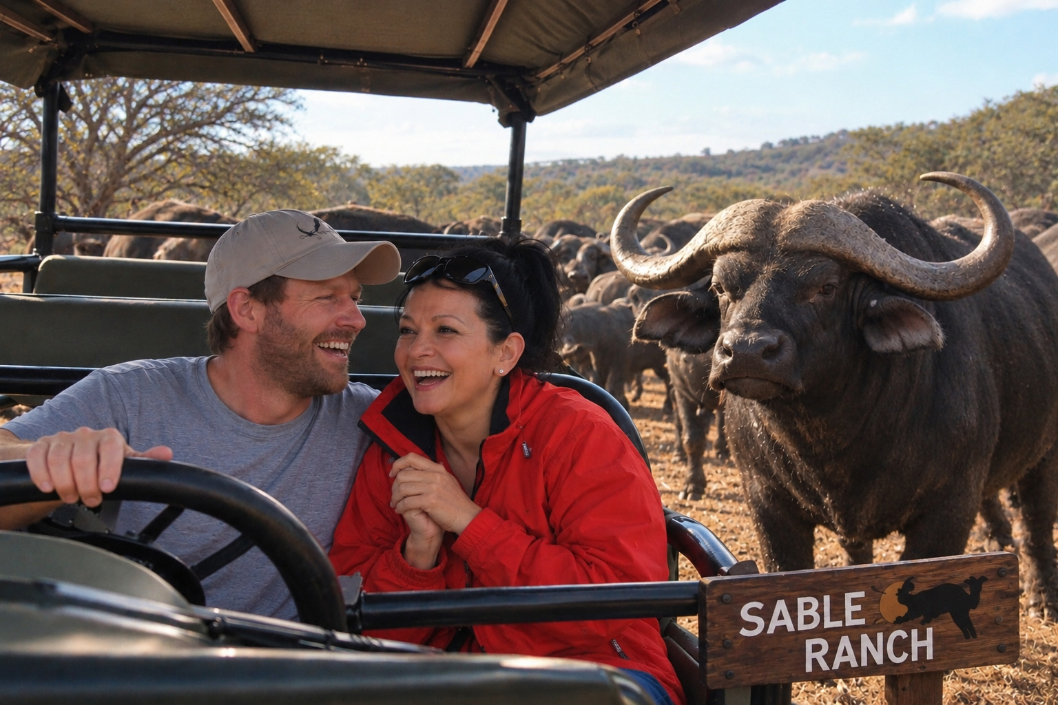 Angelo laughing with a family member on a game drive beside a buffalo
