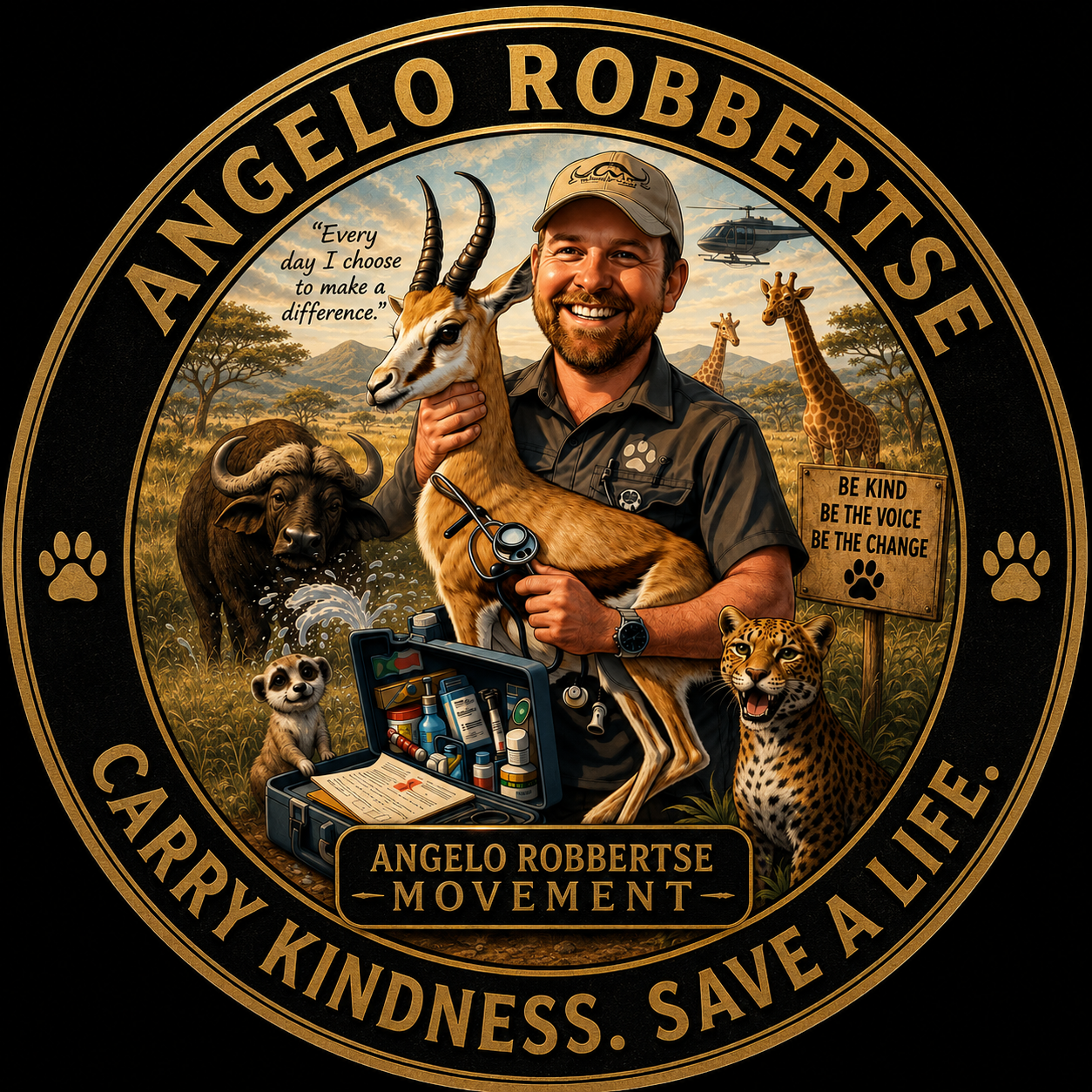 The Angelo Robbertse Movement sticker — a circular emblem bearing the words 'Angelo Robbertse' and 'Carry Kindness. Save a Life.'