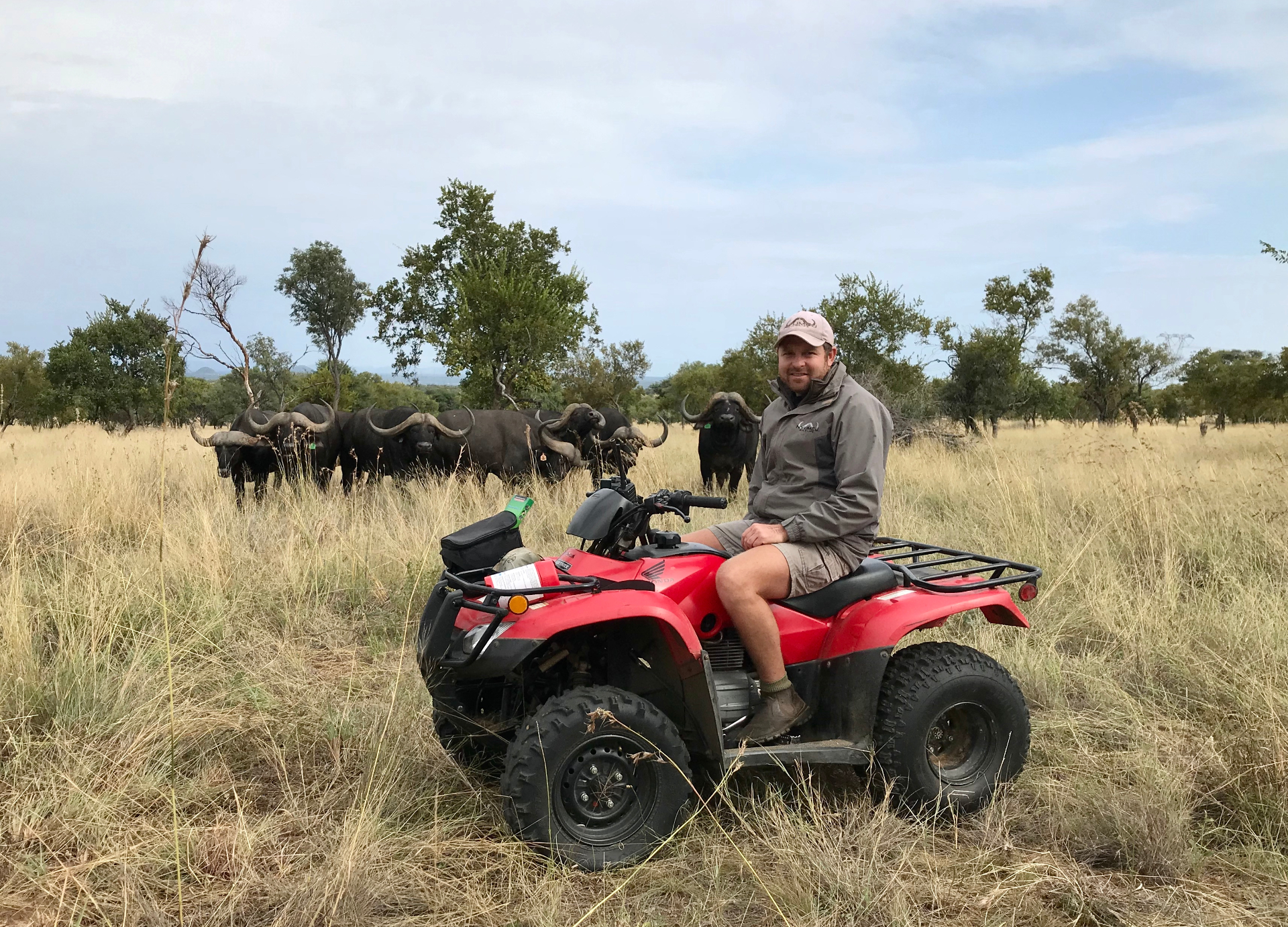Angelo on a quad bike in tall grass with a herd of buffalo behind him