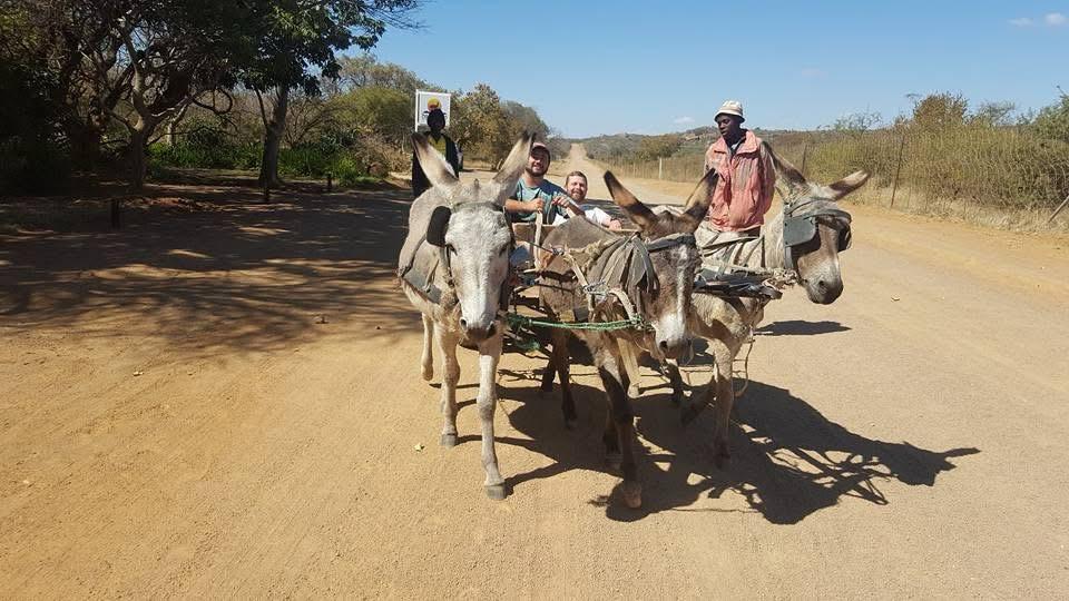 Angelo and a friend riding a donkey cart along a dusty bushveld road