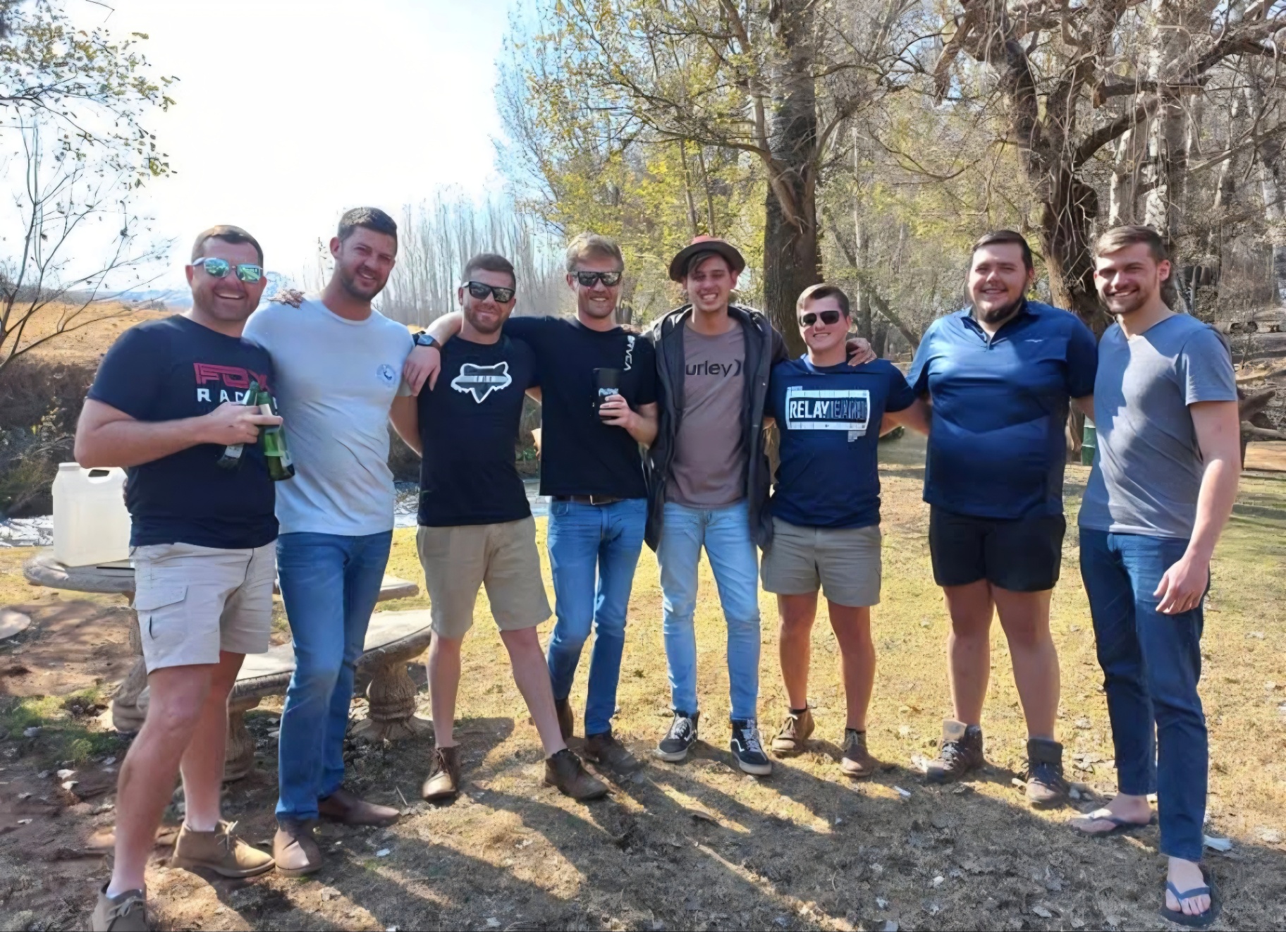 A group of friends standing together on a riverbank on a sunny day